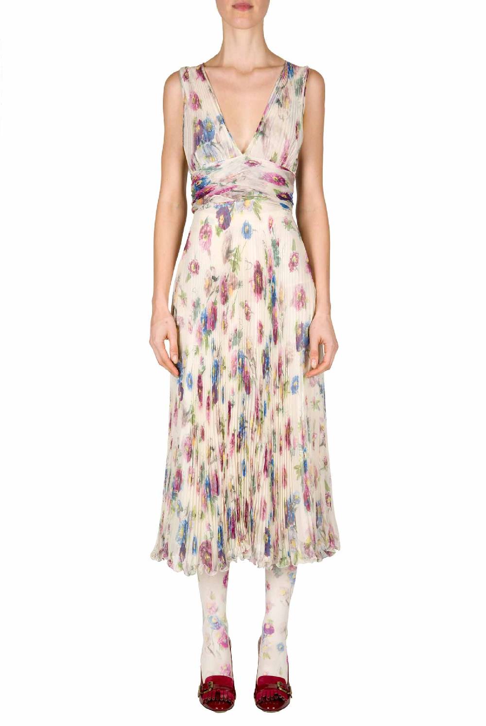 Luisa Beccaria Abito in chiffon stampato con macro anemoni a pieghe Fino al 55% di sconto