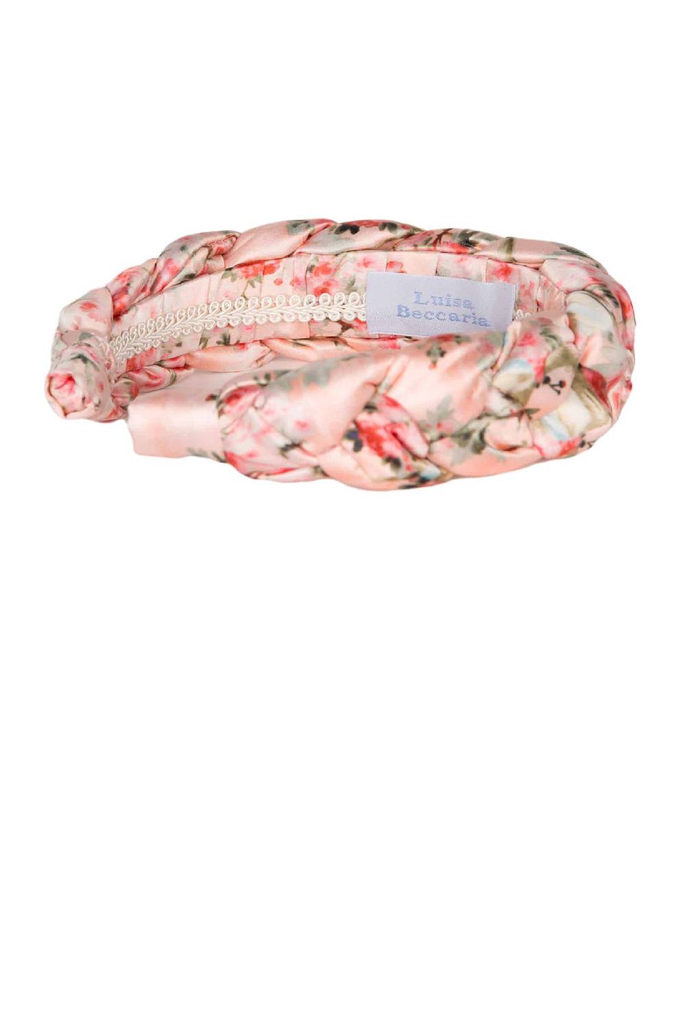 Luisa Beccaria Fascia per capelli intrecciata con boccioli di rose in raso lucido rosa