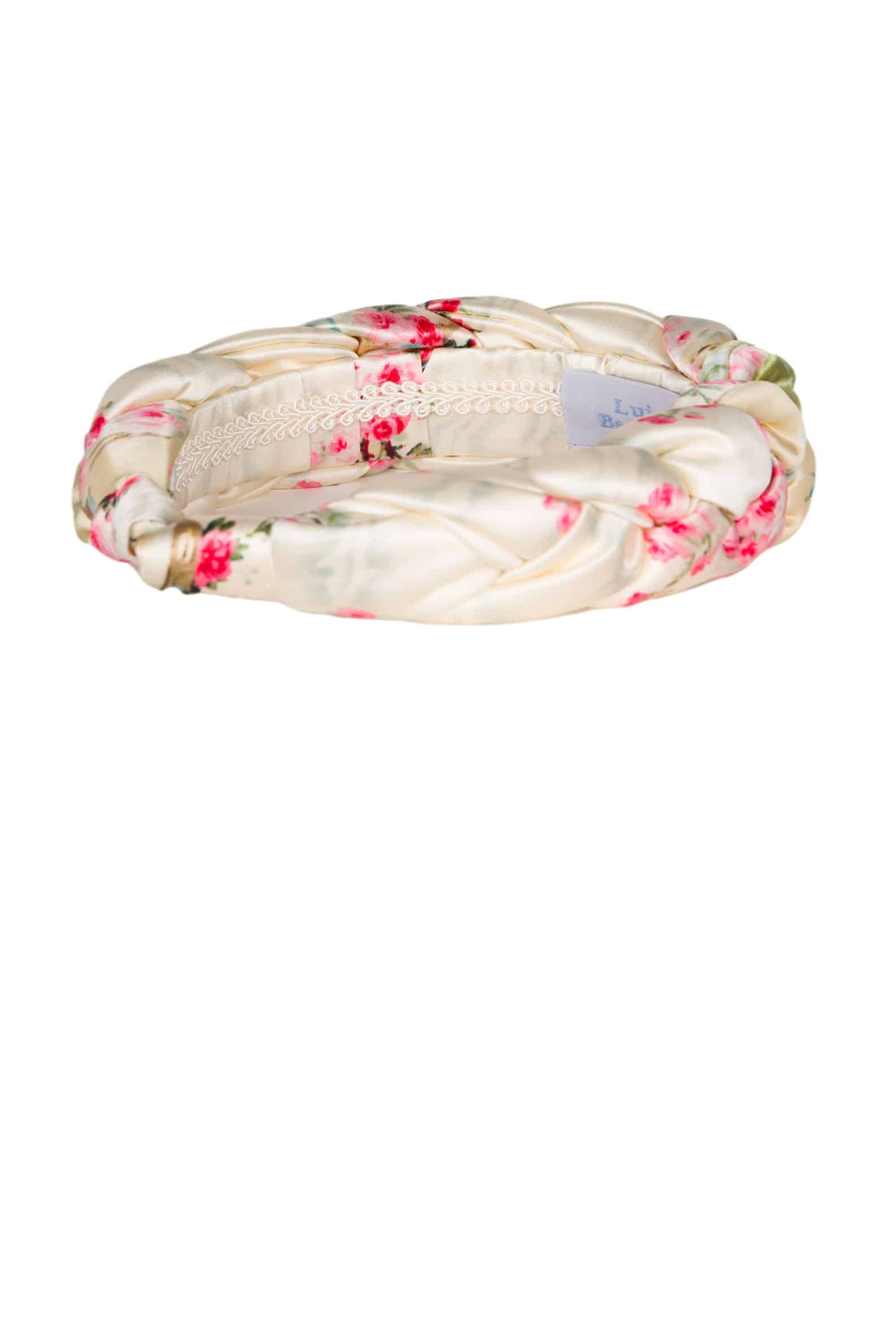 Luisa Beccaria Fascia per capelli intrecciata con boccioli di rose in raso lucido color crema