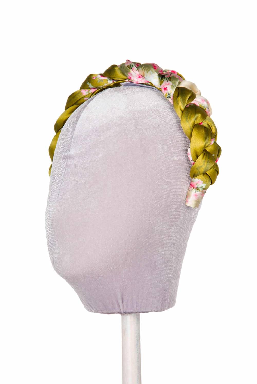 Luisa Beccaria Fascia per capelli intrecciata con boccioli di rose in raso verde brillante Promozione Limitata