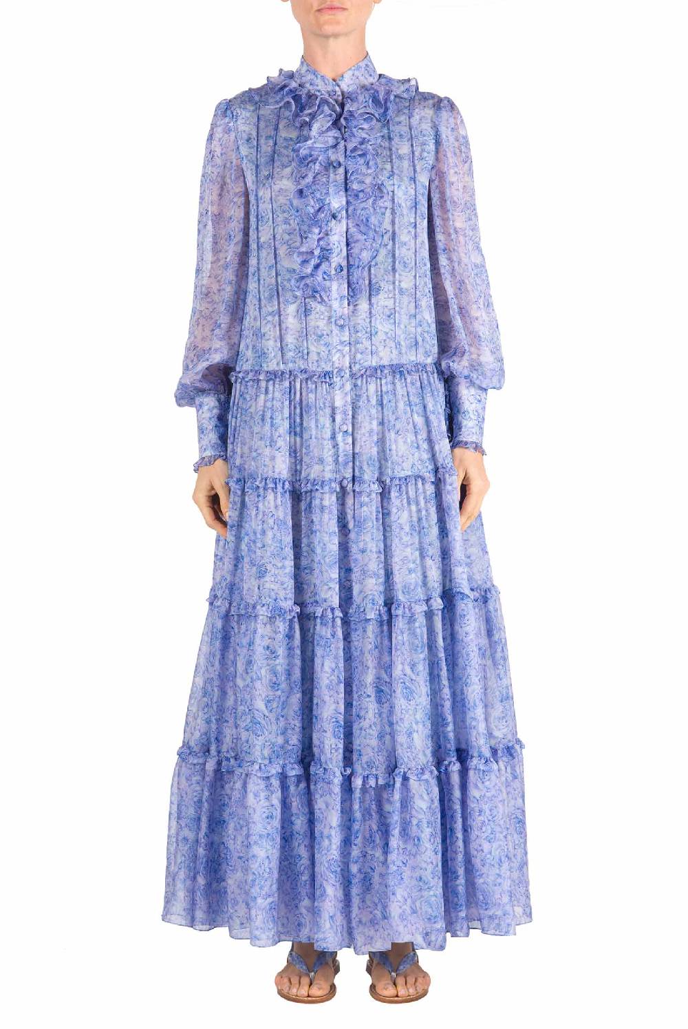 Luisa Beccaria Abito Chemisier in Chiffon con Rose Comprare a buon mercato