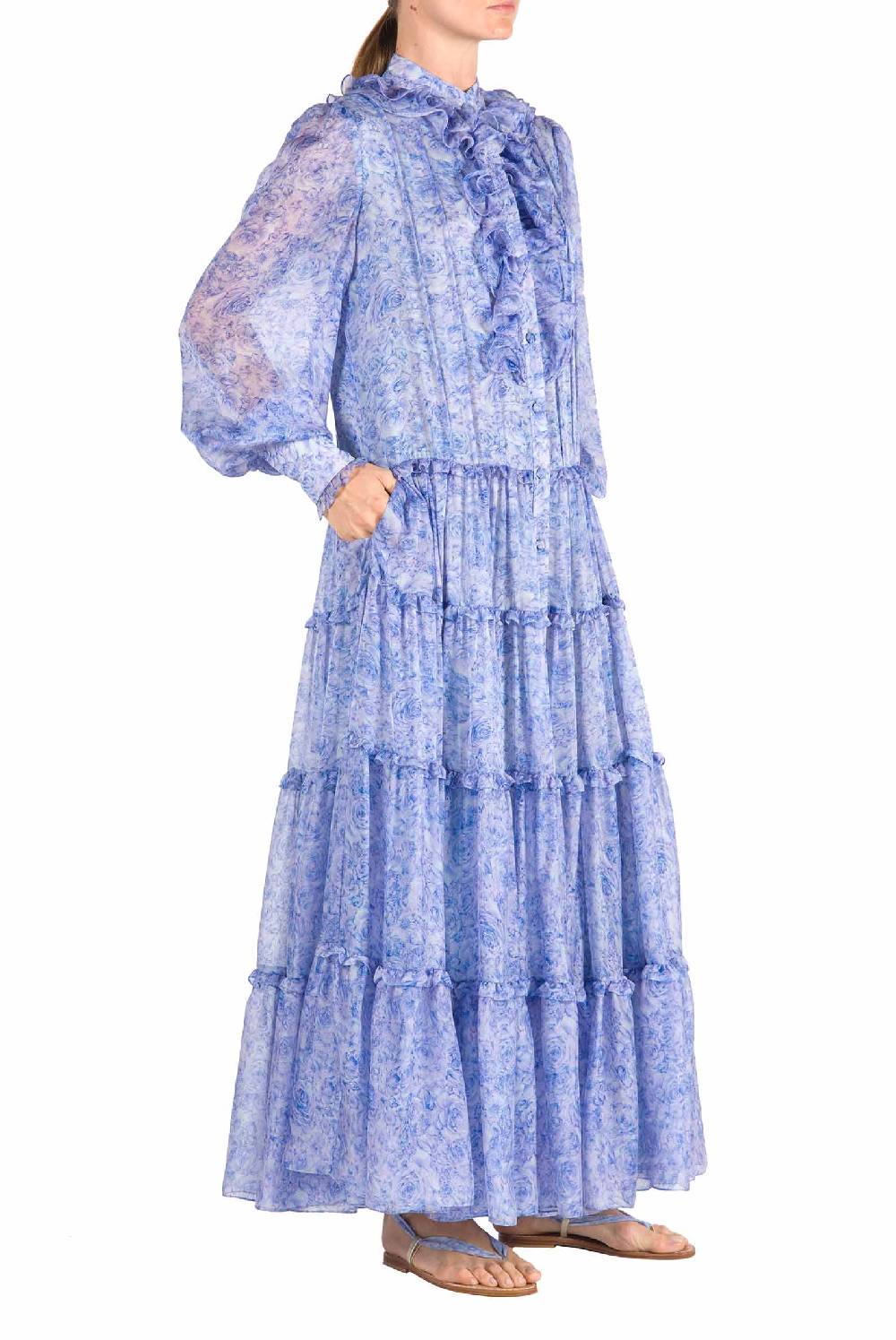 Luisa Beccaria Abito Chemisier in Chiffon con Rose Comprare a buon mercato