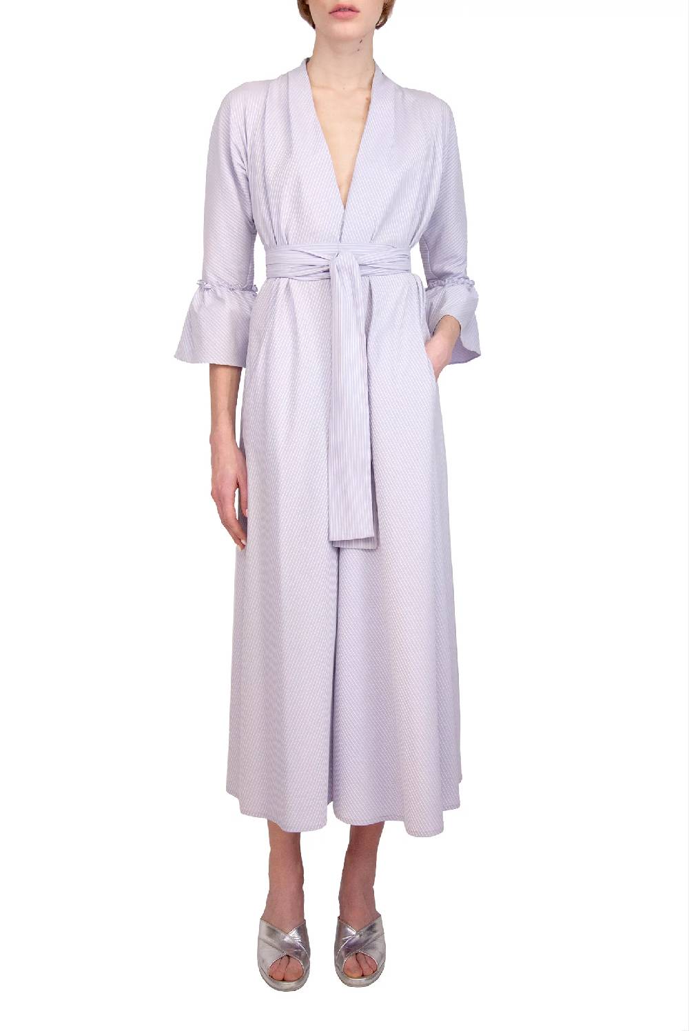 Luisa Beccaria Abito Luisa in cotone elasticizzato a righe lilla / bianco Offerta Pasqua