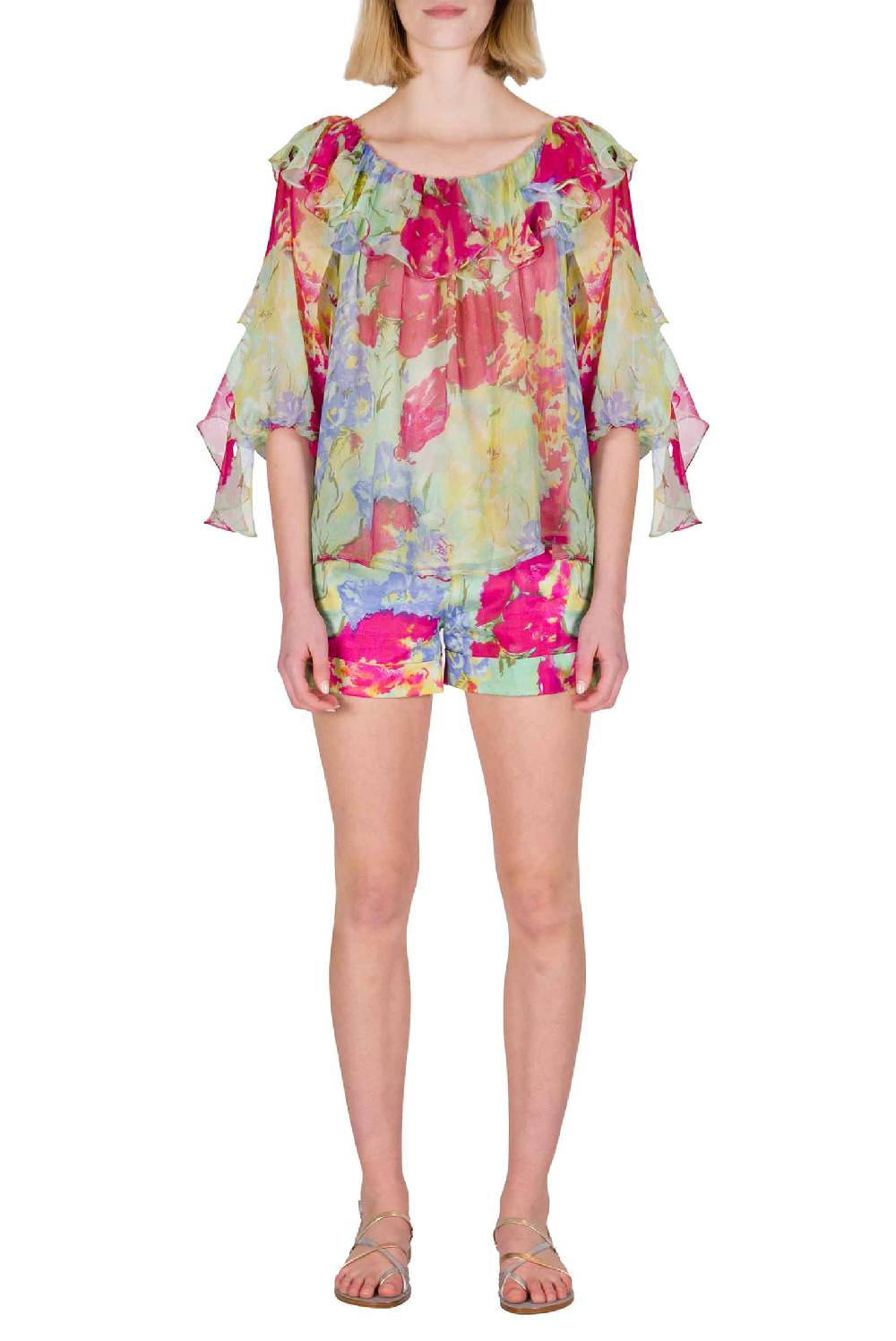 Luisa Beccaria Blusa Volant in Chiffon a Fiori Astratti Offerta San Valentino
