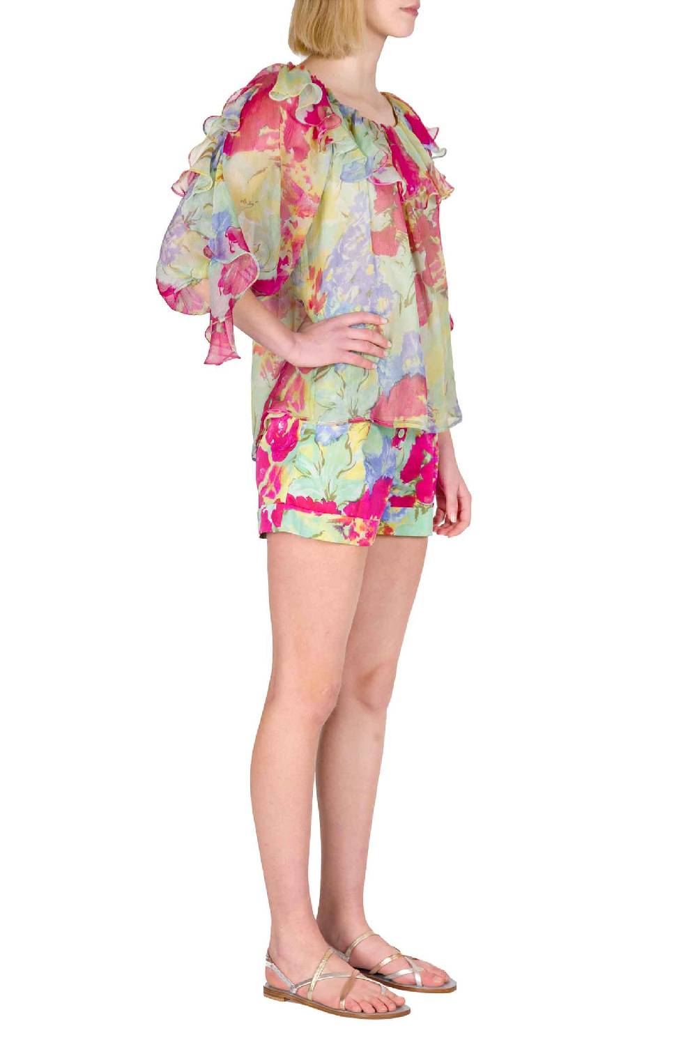 Luisa Beccaria Blusa Volant in Chiffon a Fiori Astratti Offerta San Valentino