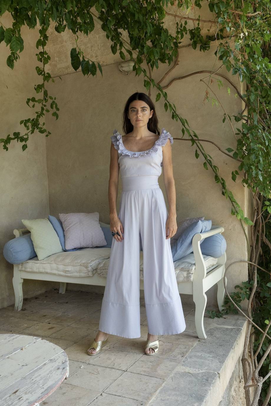 Luisa Beccaria Pantaloni larghi in misto cotone a righe lilla / bianche Smaltimento dello stoccaggio