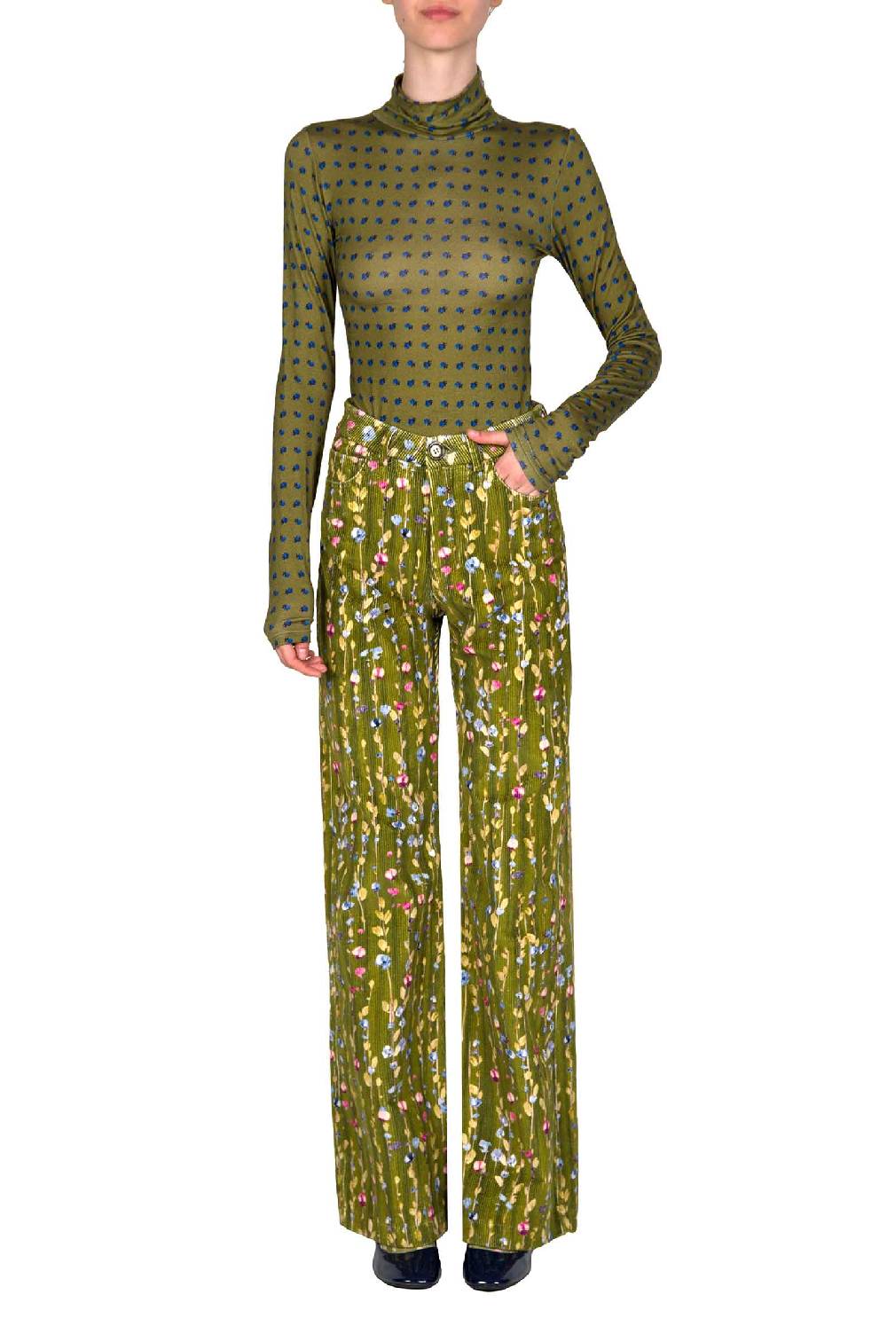 Luisa Beccaria Pantaloni palazzo in velluto a coste con ghirlanda di fiori Italy