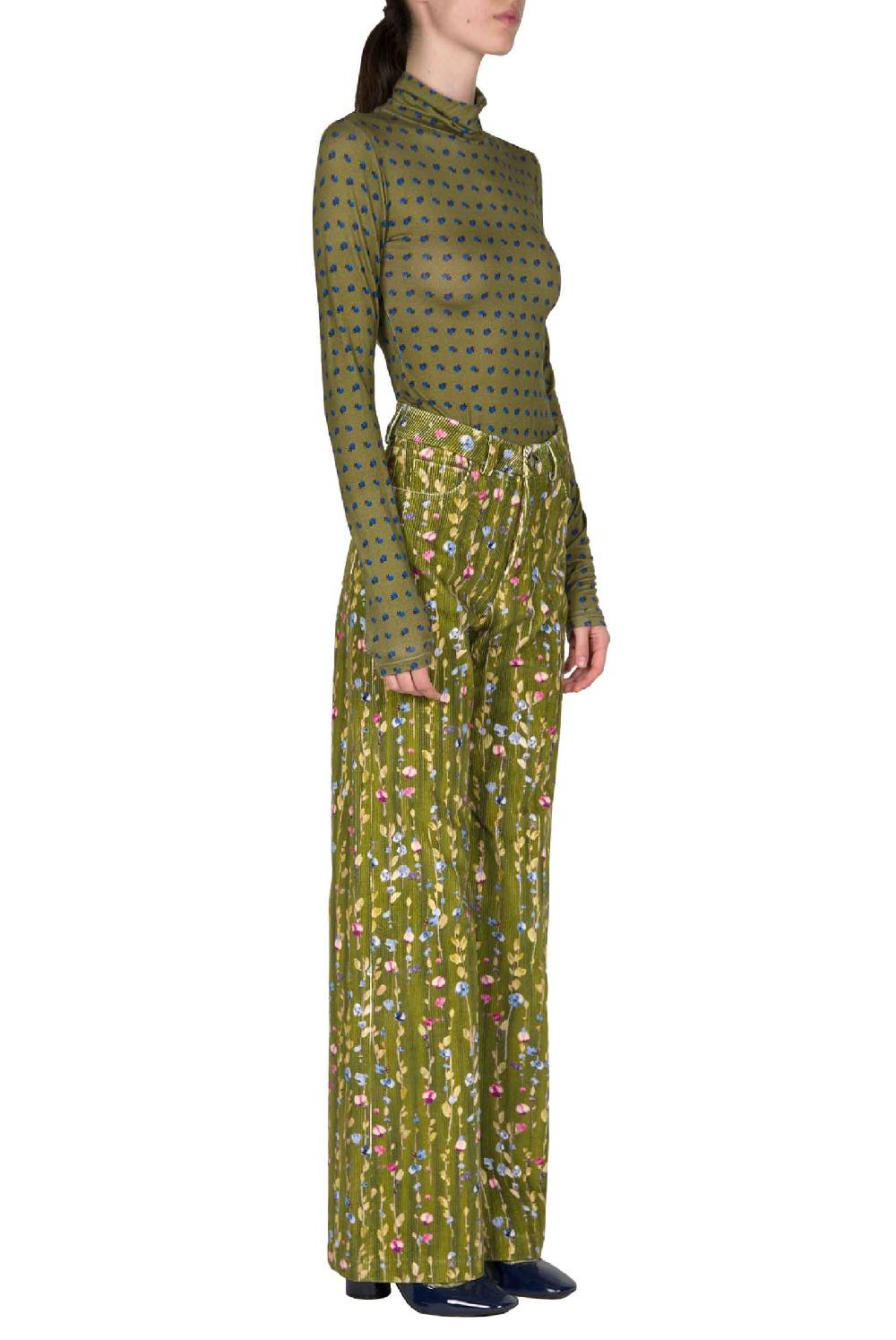 Luisa Beccaria Pantaloni palazzo in velluto a coste con ghirlanda di fiori Italy