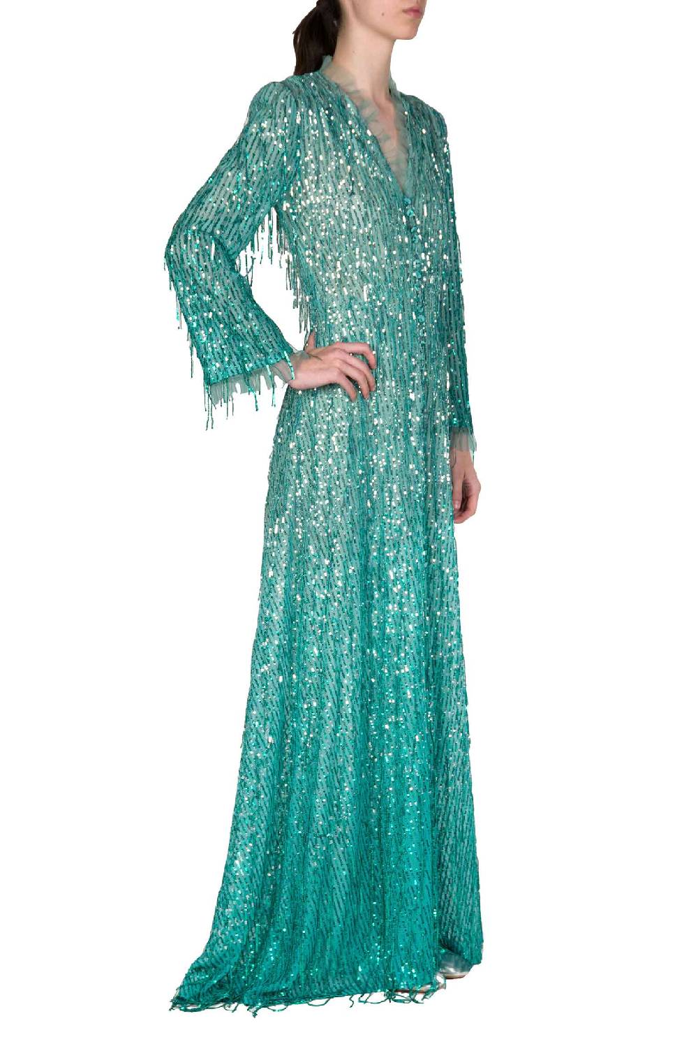 Luisa Beccaria Abito lungo bottoncino con frange e paillettes Fino Al -60%