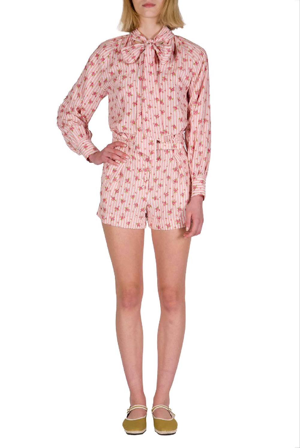 Luisa Beccaria Camicia In Cotone Con Rose Rigate E Fiocco Presa