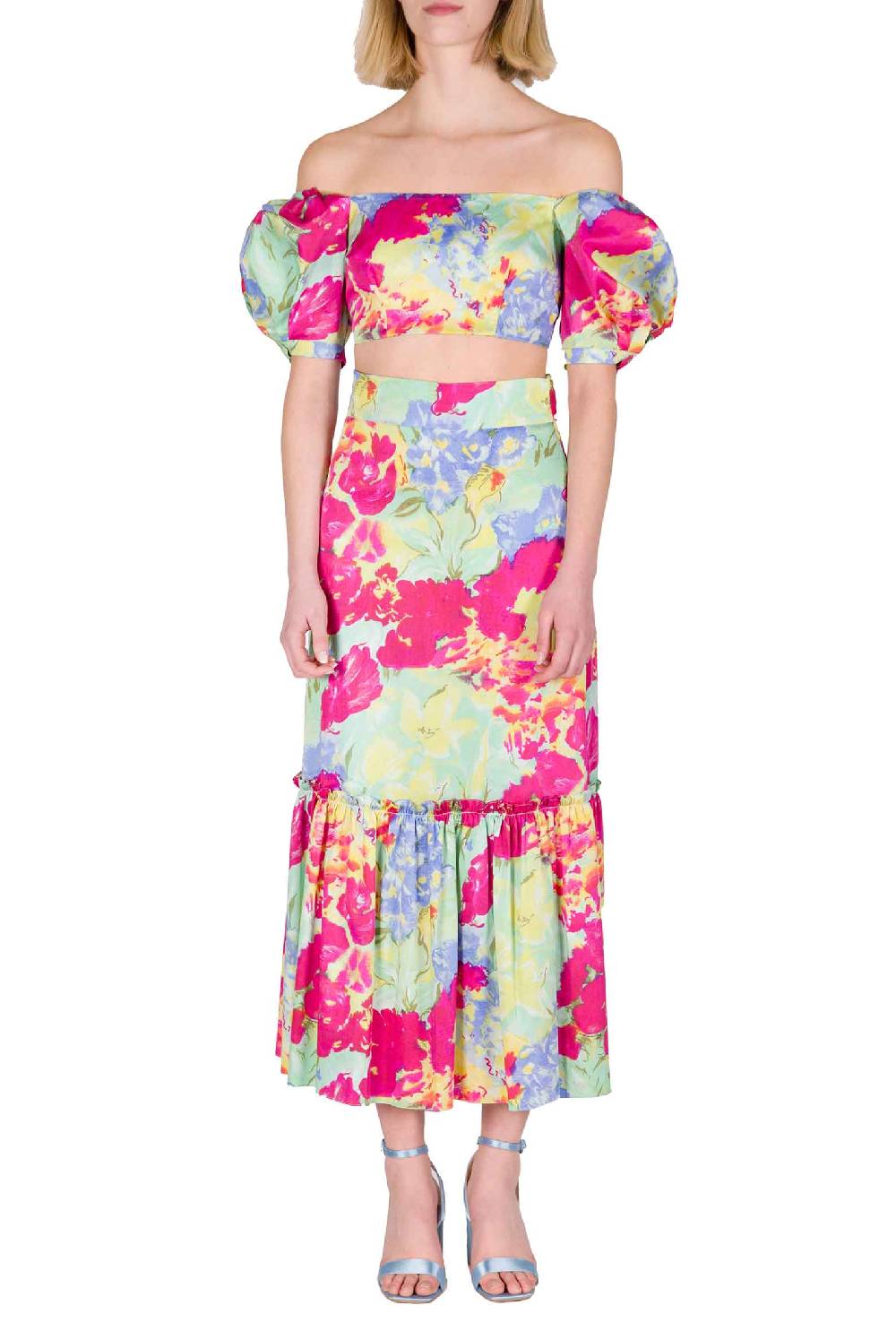Luisa Beccaria Top in cotone stampato con spalle scoperte con fiori astratti Economico
