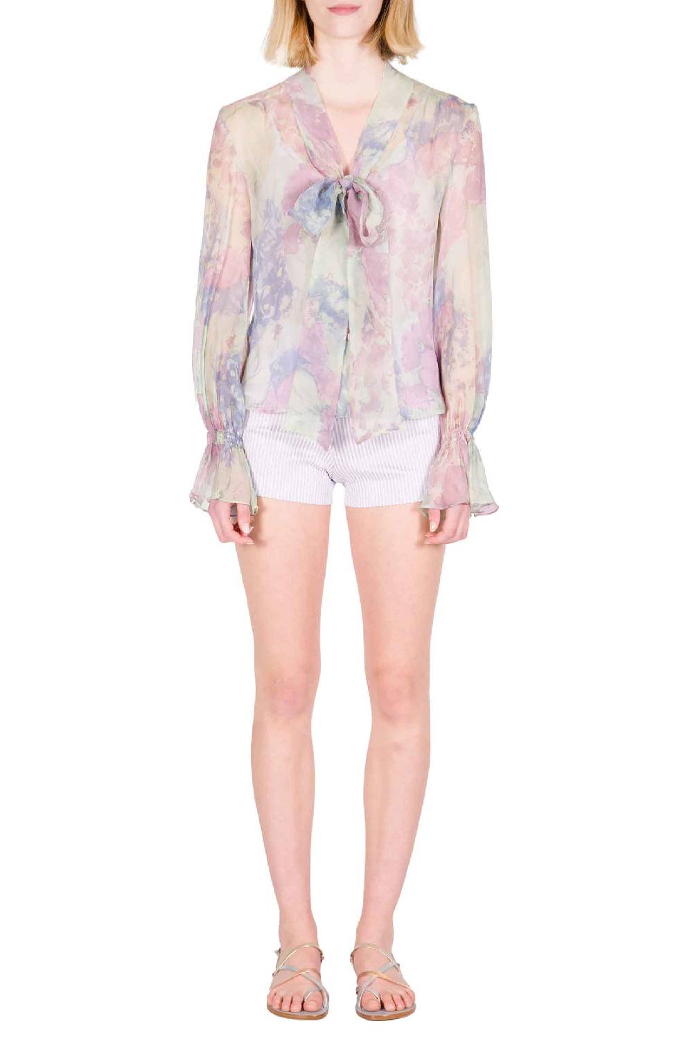 Luisa Beccaria Camicia in chiffon stampato con fiocco in fiori astratti Outlet