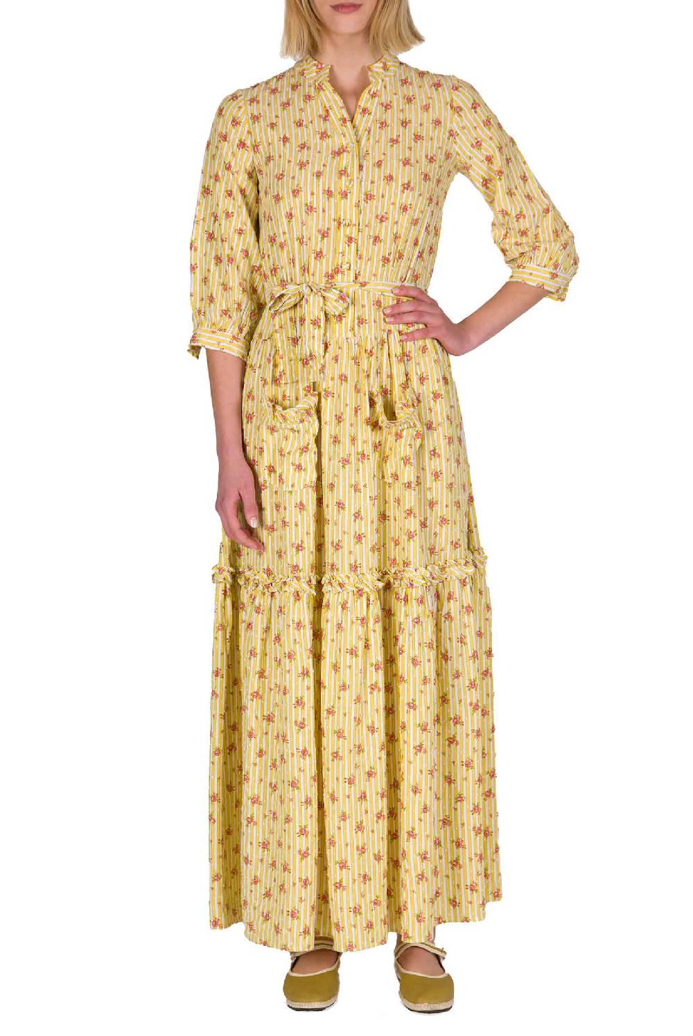 Luisa Beccaria Abito in cotone con rose a righe Offerte