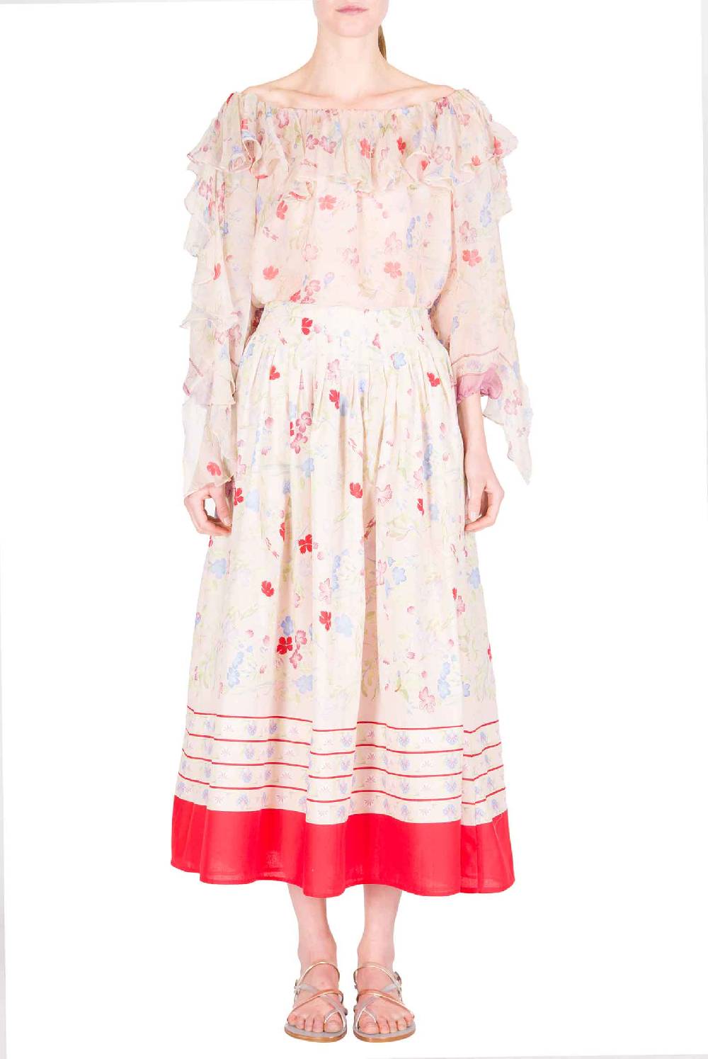 Luisa Beccaria Gonna midi a pieghe in cotone con fiori Gilly Moda