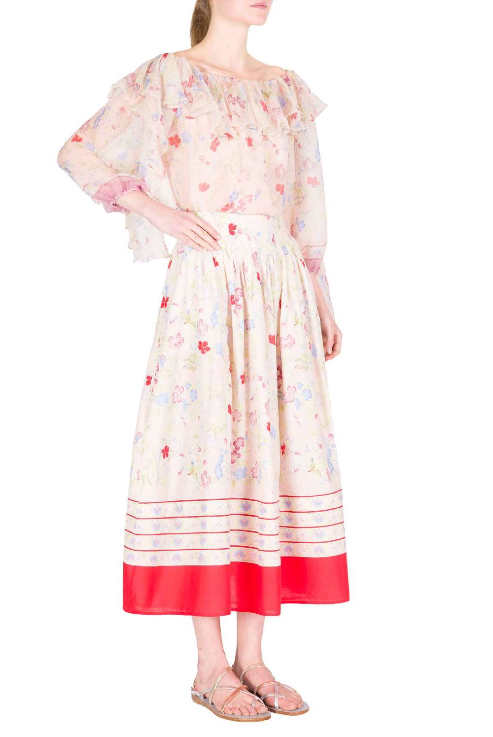 Luisa Beccaria Gonna midi a pieghe in cotone con fiori Gilly Moda