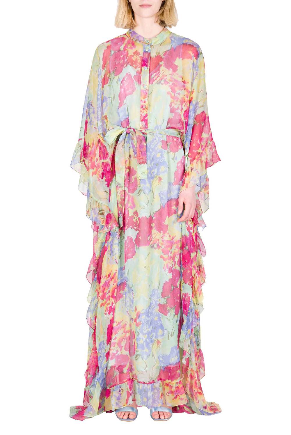 Luisa Beccaria Caftano in chiffon con finiture arricciate a fiori astratti Shopping online