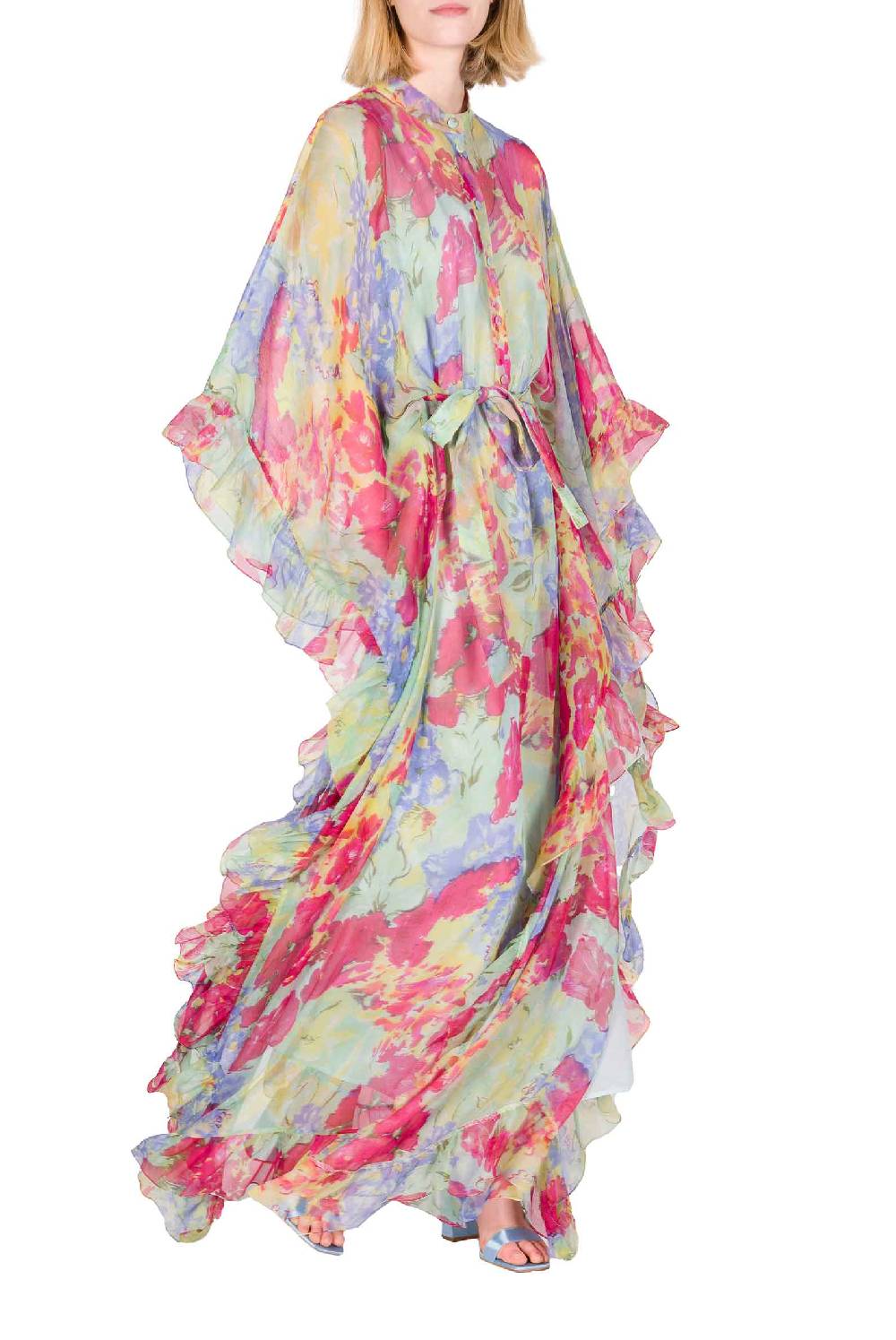 Luisa Beccaria Caftano in chiffon con finiture arricciate a fiori astratti Shopping online