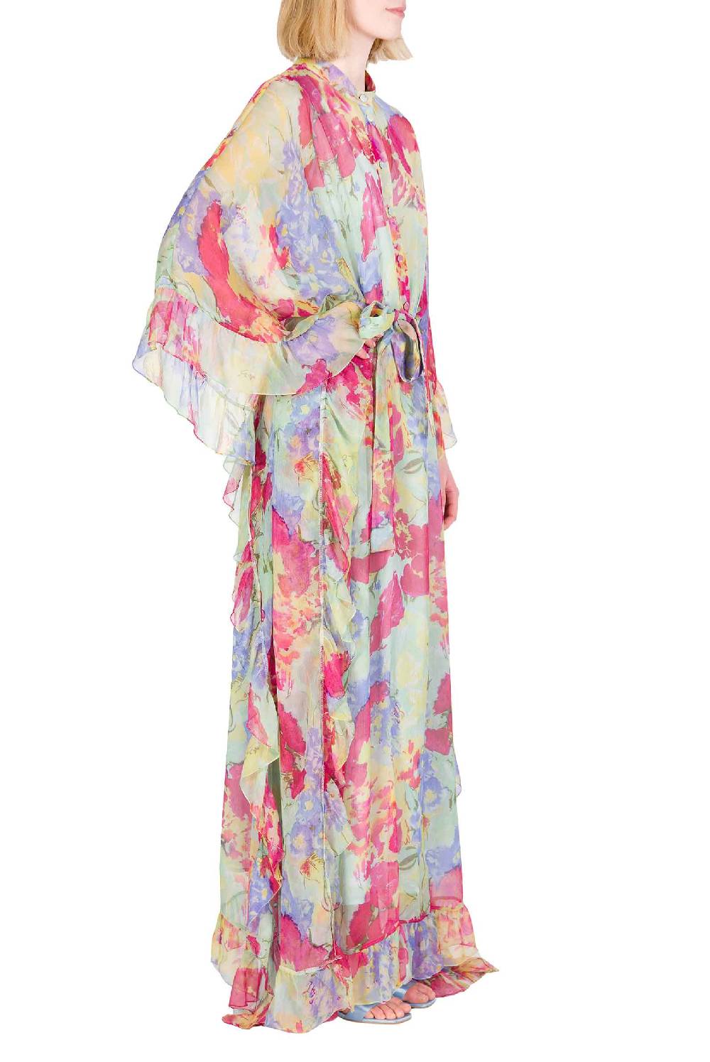 Luisa Beccaria Caftano in chiffon con finiture arricciate a fiori astratti Shopping online