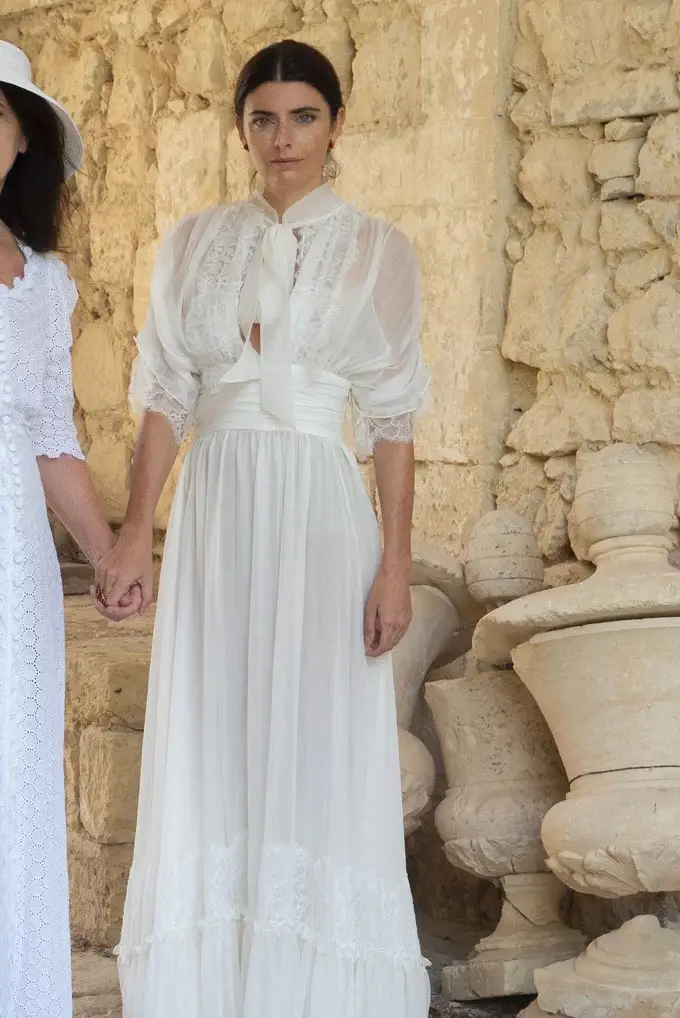 Luisa Beccaria Abito Lungo In Crepon Di Chiffon Con Pizzo Bianco Super Saving Price