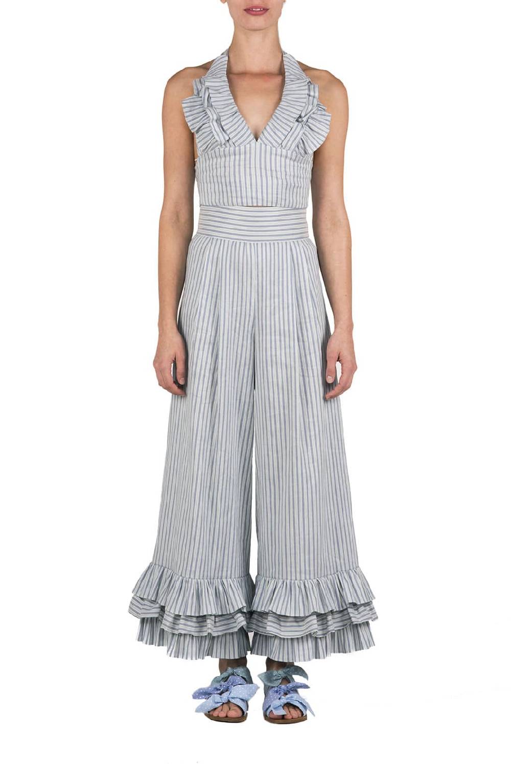 Luisa Beccaria Top all'americana in misto lino e cotone con scollo a V Super sconto