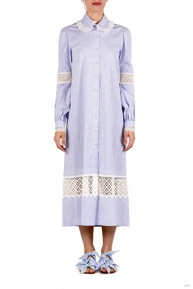 Luisa Beccaria Abito chemisier in cotone a quadretti con pizzo 50% di sconto con spedizione gratuita