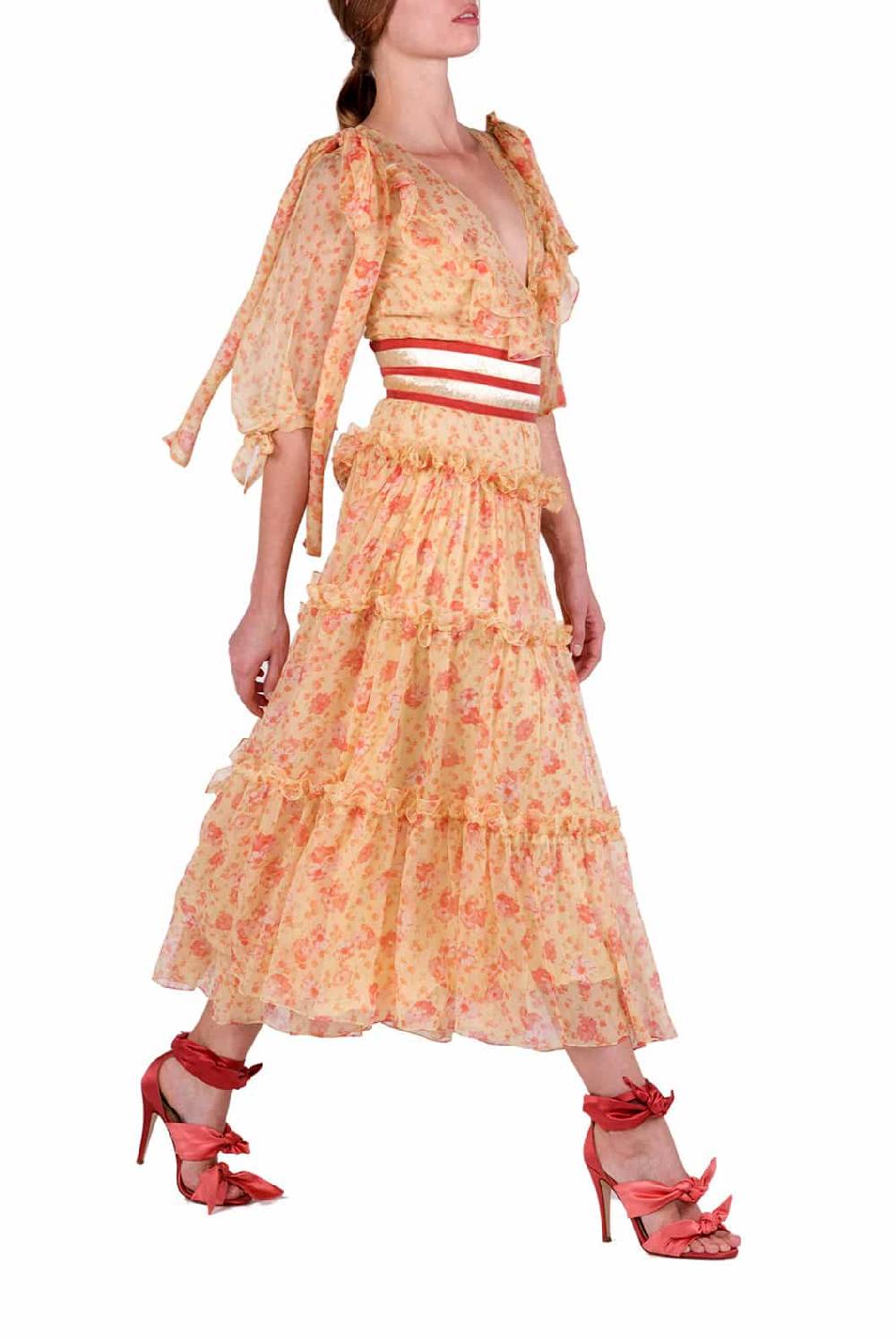 Luisa Beccaria Abito longuette in chiffon floreale con balze Officina