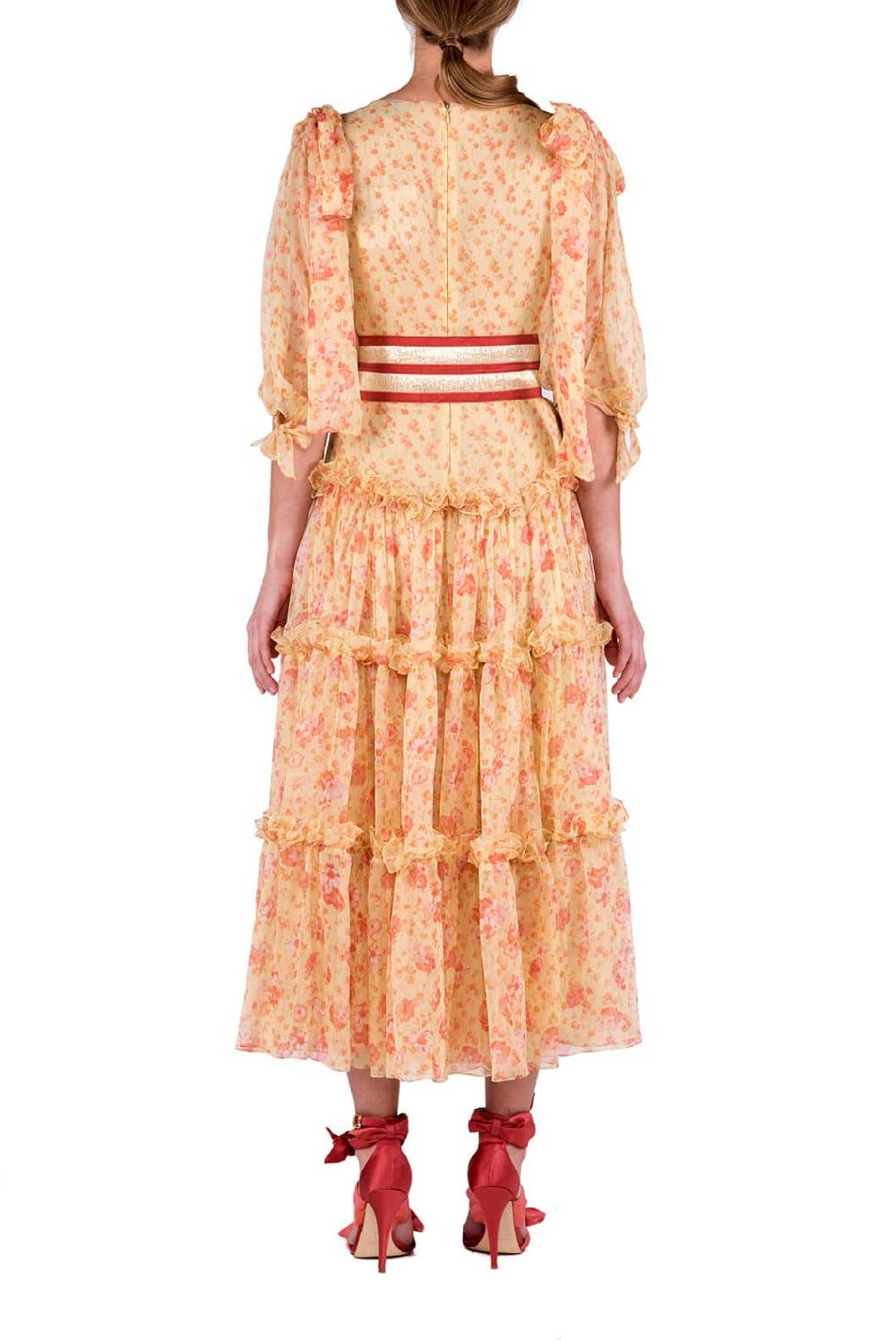 Luisa Beccaria Abito longuette in chiffon floreale con balze Officina