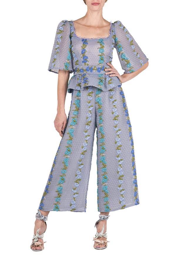 Luisa Beccaria Pantaloni a vita alta in organza fil coupé floreale a righe