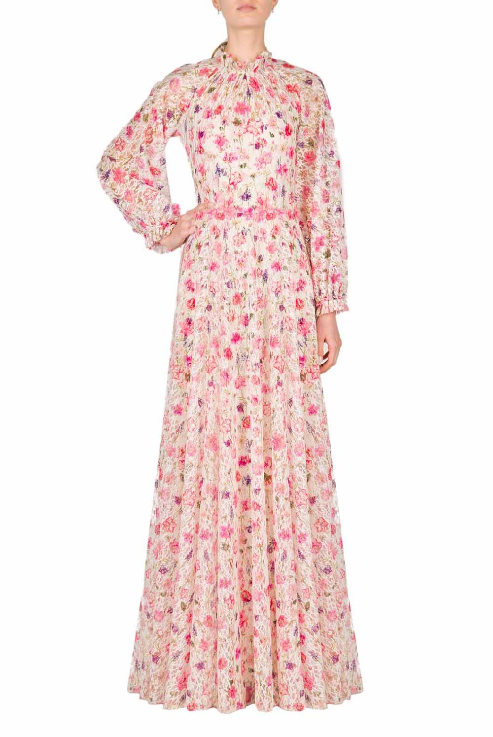 Luisa Beccaria Maxi abito in pizzo con collo a lupetto stampato floreale In vendita