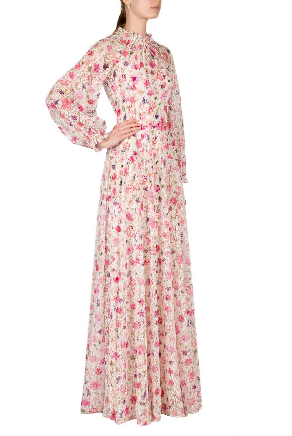 Luisa Beccaria Maxi abito in pizzo con collo a lupetto stampato floreale In vendita