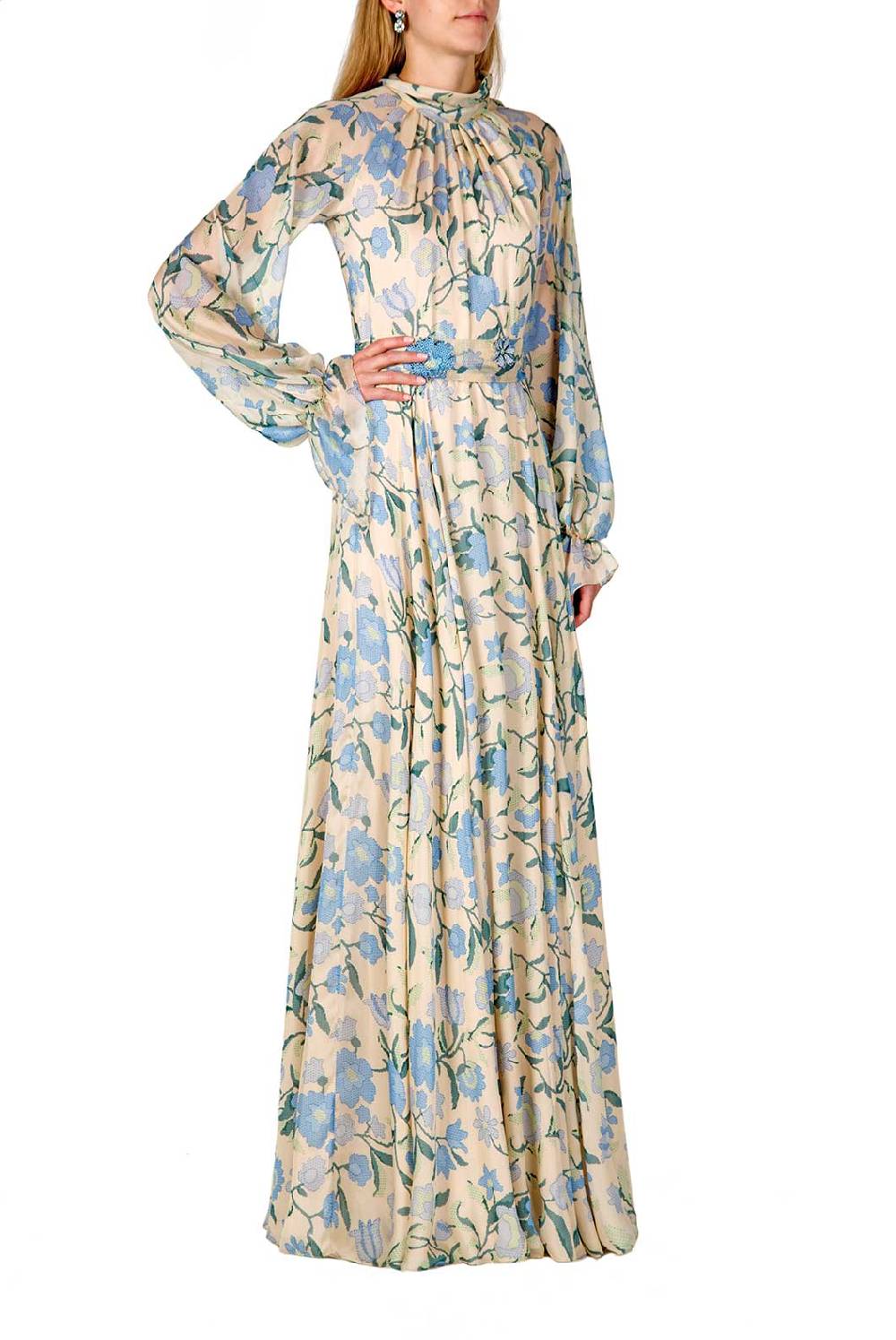 Luisa Beccaria Maxi abito in chiffon di seta con fiori di campo Vendita
