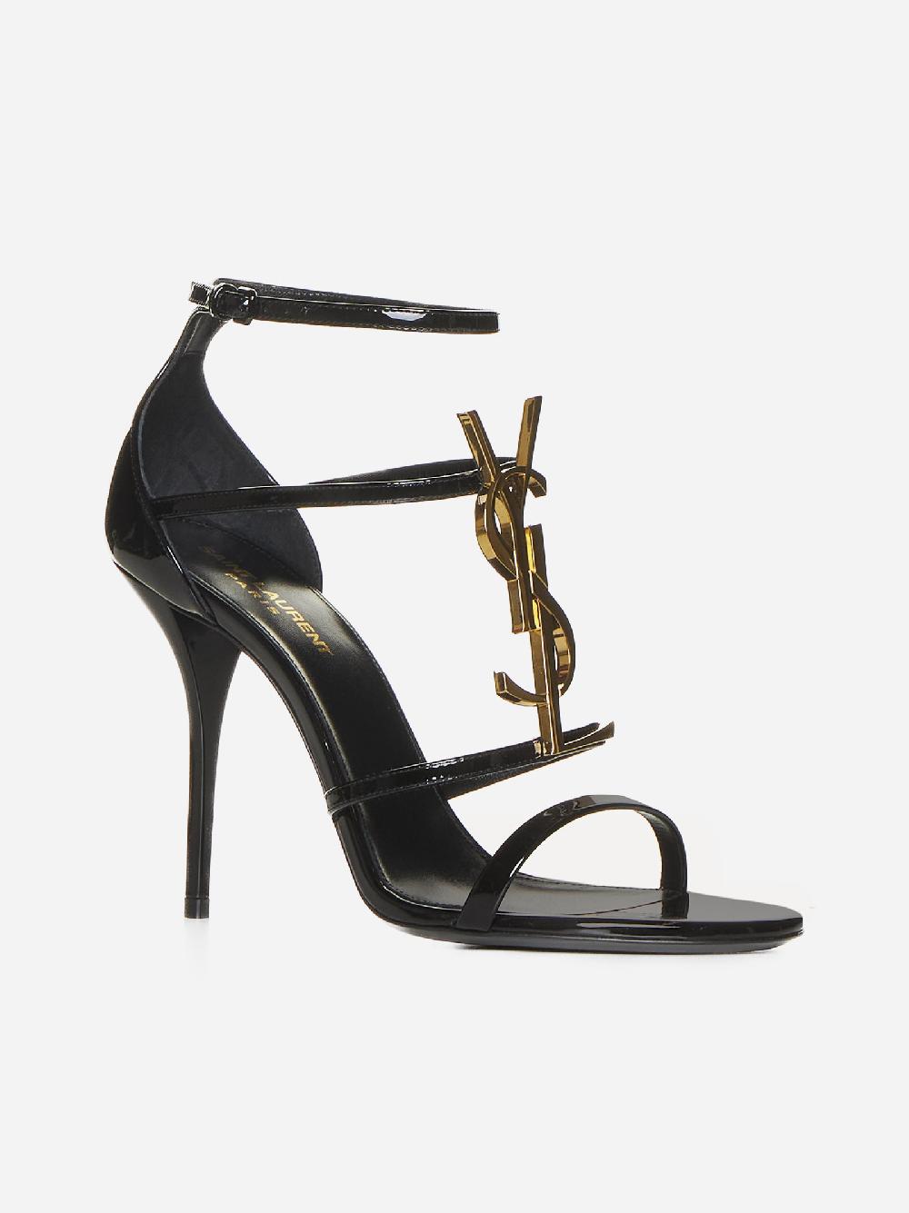 SAINT LAURENT Sandali Cassandra in vernice con logo YSL Saldi Di Fabbrica