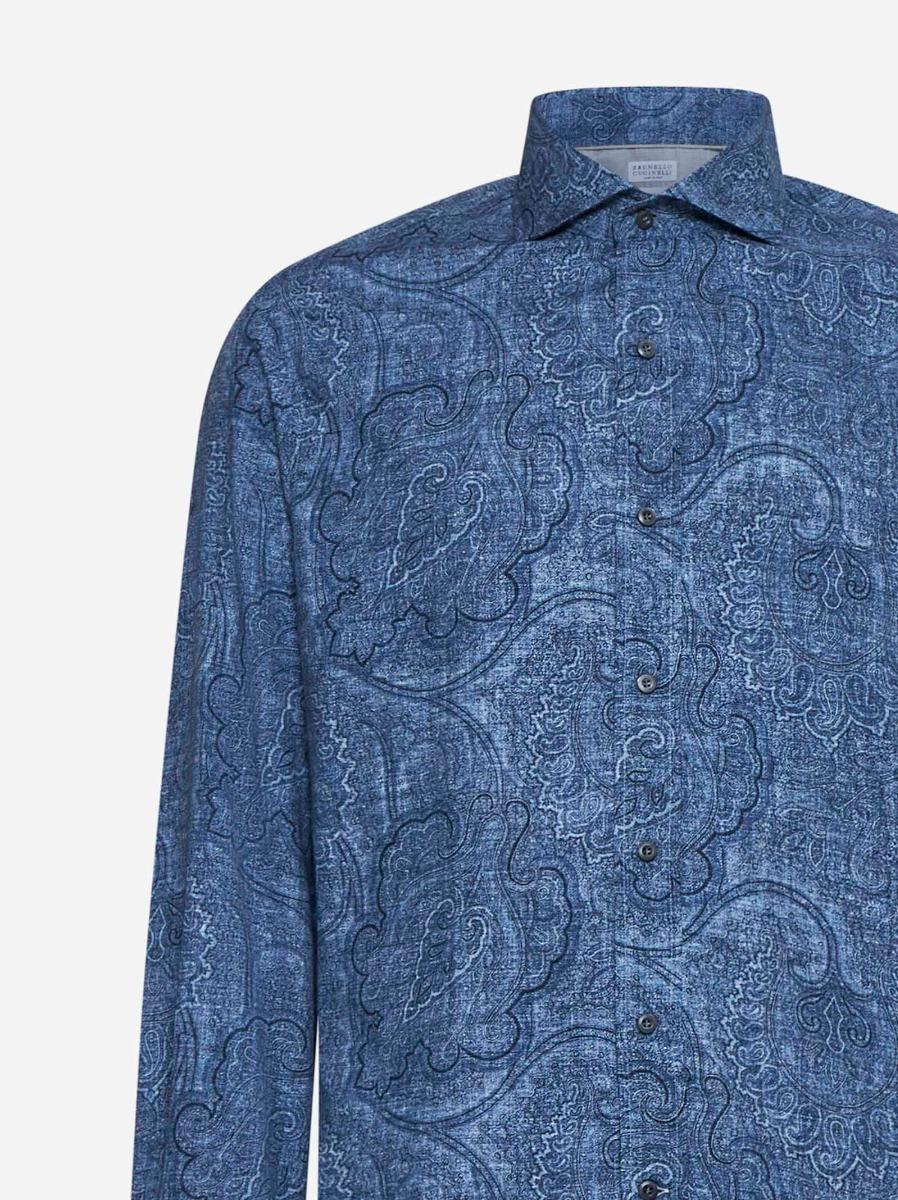 BRUNELLO CUCINELLI Camicia slim fit in tela Paisley blu Spedizione Gratuita