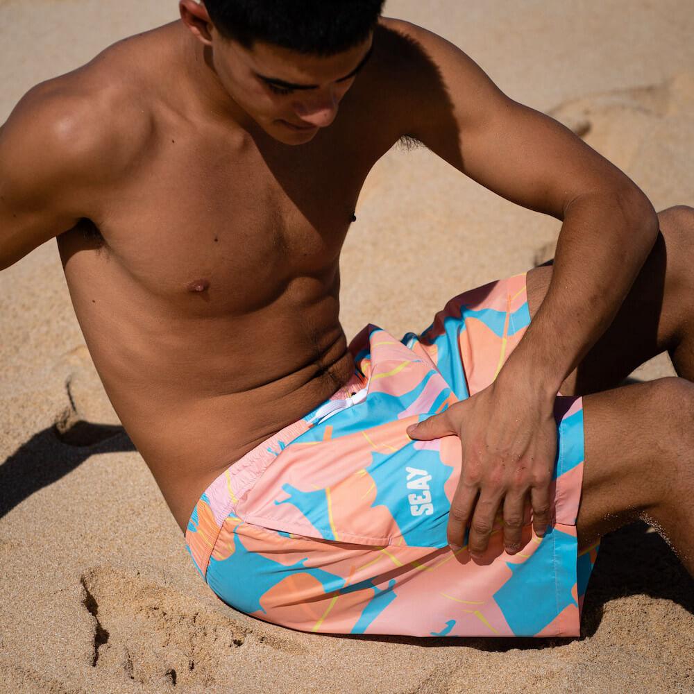 Seay / Swim Boxer Medio Rosa Blu Foglie Banano Promozione