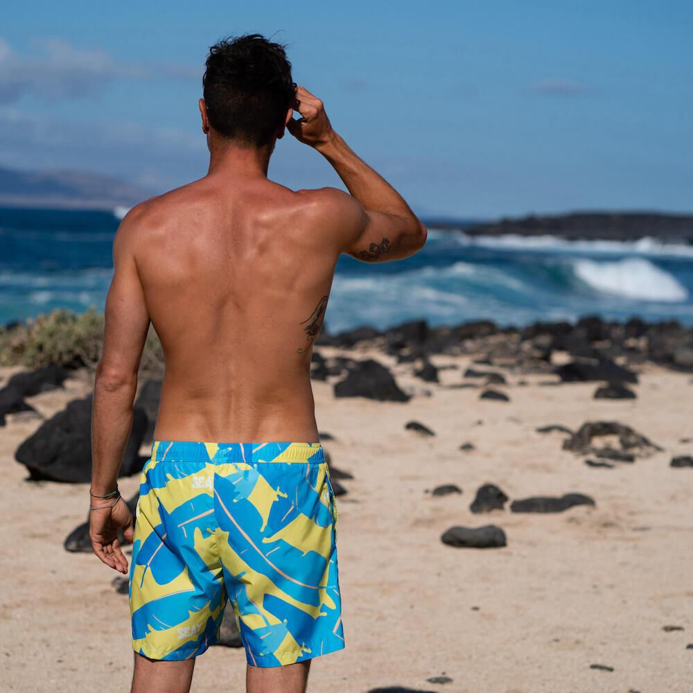 Seay / Swim Boxer Medio Giallo Blu Foglie Banano Spedizione Gratuita