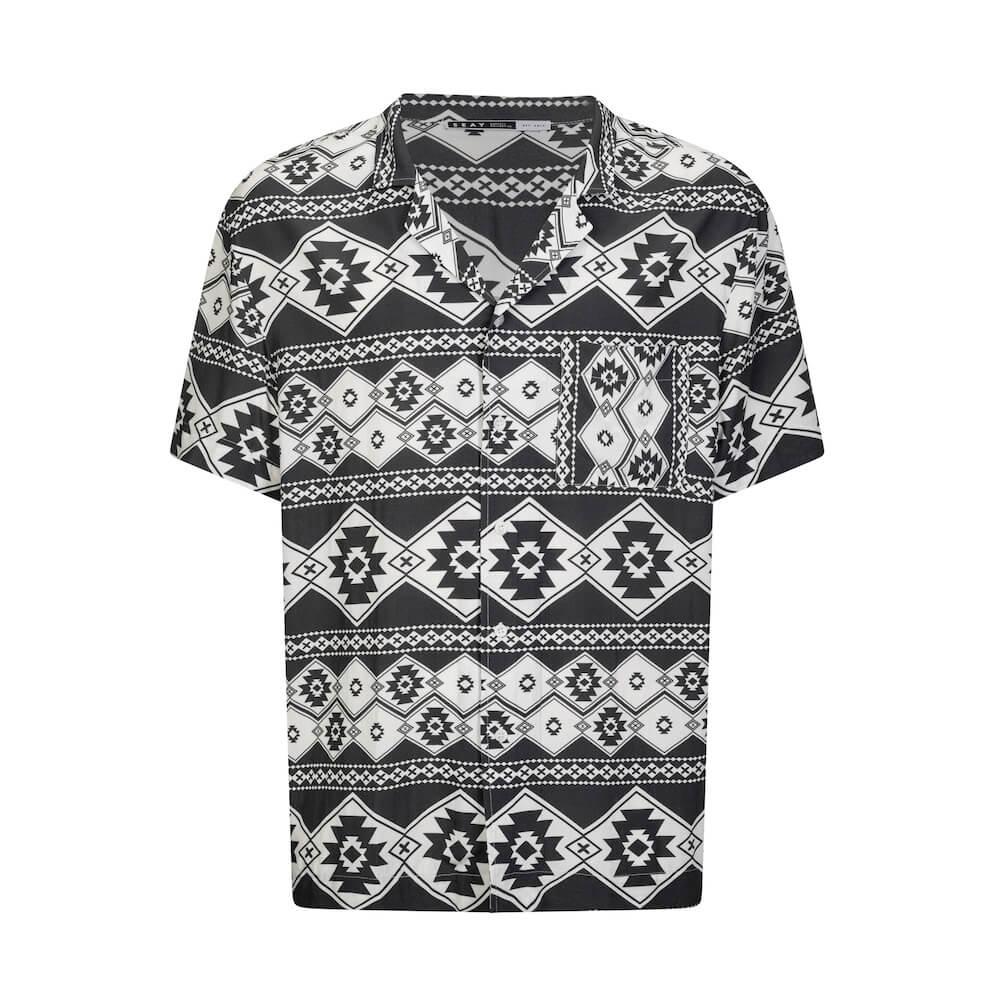 Seay / Camicia Hawaiana Bianco Nera Stampa Nativa Moda