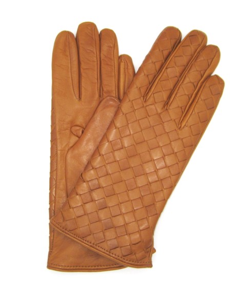 Sermoneta Gloves Guanto in Nappa Intrecciato fodera cashmere Tan