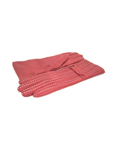Sermoneta Gloves Guanto in Nappa 4bt con Impunture e Cinturino Rosso scuro/Panna In Saldo