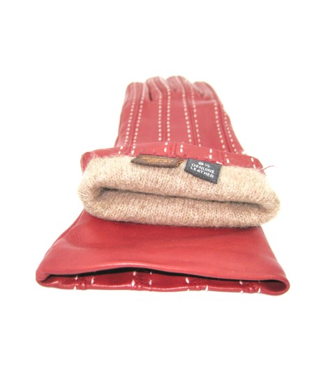 Sermoneta Gloves Guanto in Nappa 4bt con Impunture e Cinturino Rosso scuro/Panna In Saldo