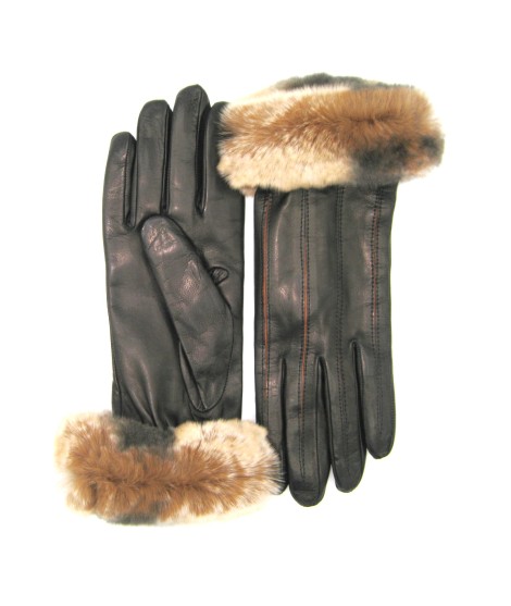 Sermoneta Gloves Guanto Nappa con intarsi a contrasto e bordo Rex Nero/Cognac Moda