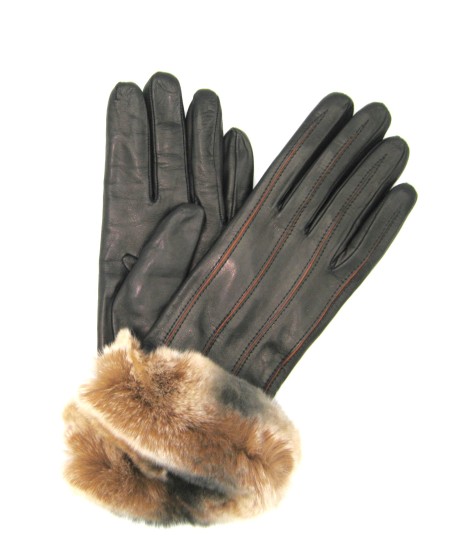 Sermoneta Gloves Guanto Nappa con intarsi a contrasto e bordo Rex Nero/Cognac Moda