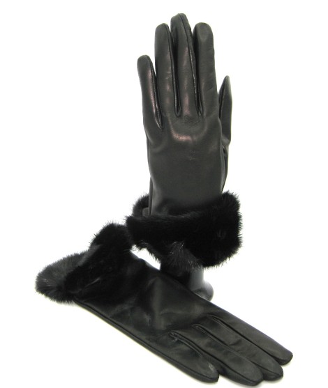 Sermoneta Gloves Guanto in Nappa 4bt con risvolto in Visone Nero Qualità Garantita