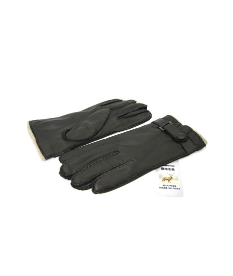 Sermoneta Gloves Guanto in Cervo fod. cashmere con cinturino Nero Promozione Limitata
