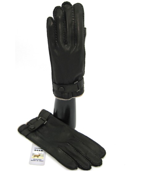 Sermoneta Gloves Guanto in Cervo fod. cashmere con cinturino Nero Promozione Limitata