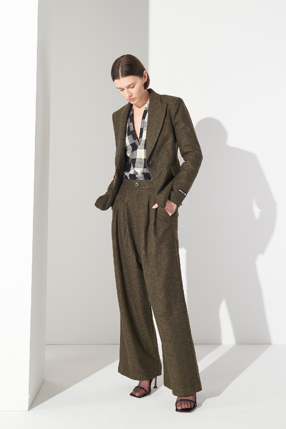 Soallure PANTALONE PALAZZO CON PENCES IN PANNO SPINATO Soddisfazione Garantita