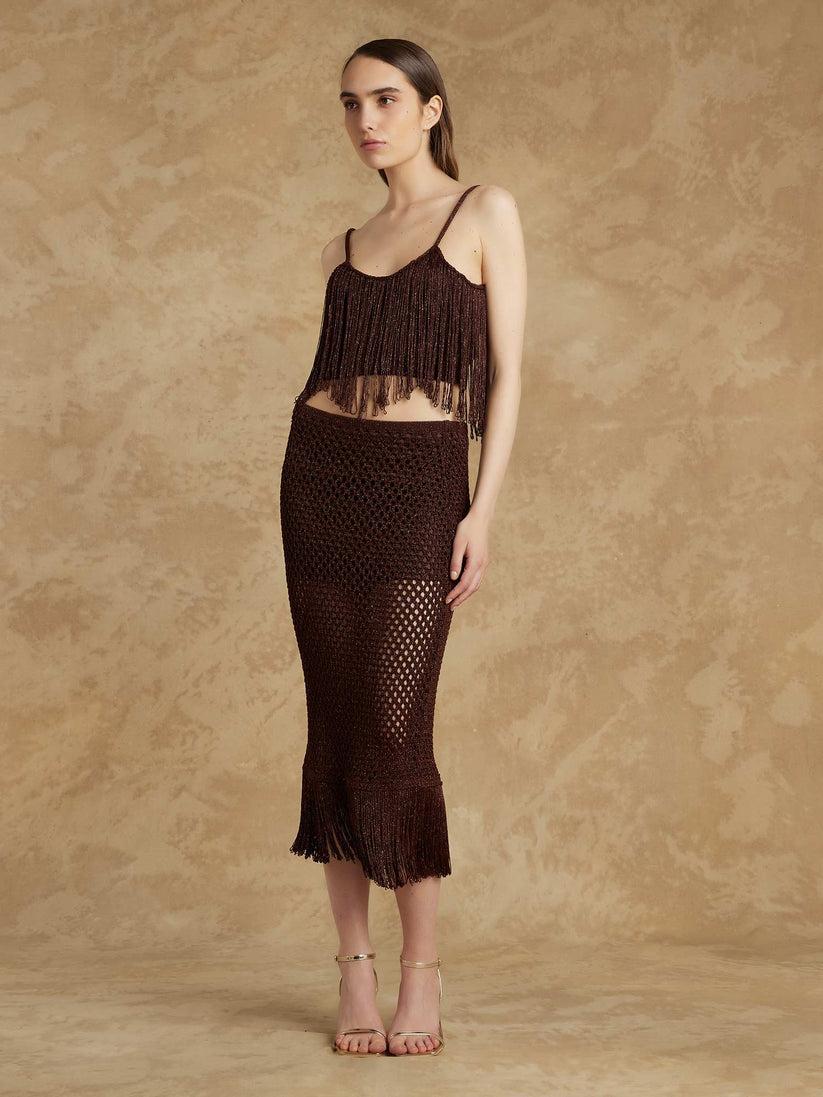 Space Simona Corsellini Gonna midi in lurex crochet e frangia Saldi Di Fabbrica