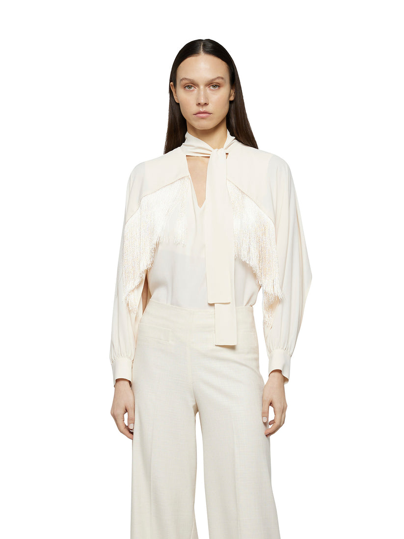 Space Simona Corsellini Blusa in acetato seta con frange Vendita Economica