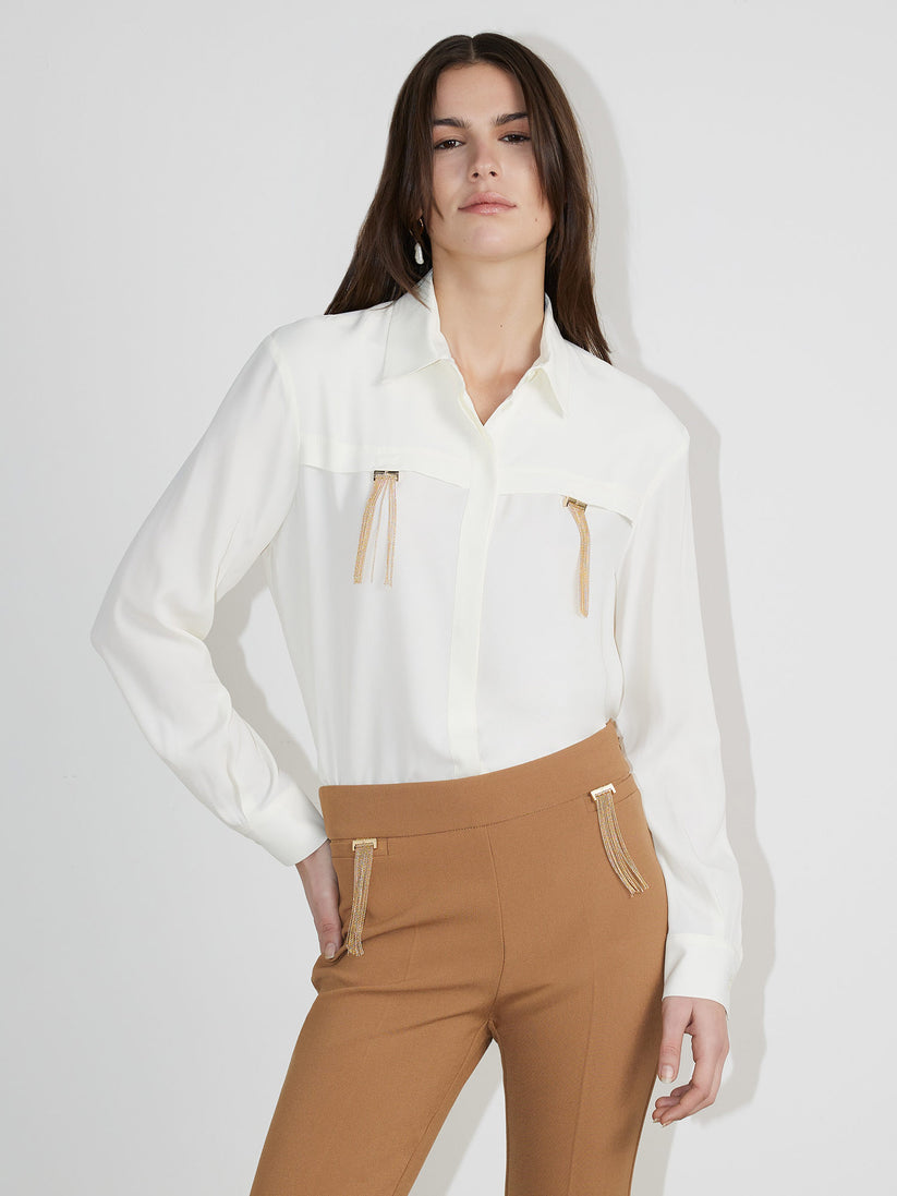 Space Simona Corsellini Camicia in acetato seta con doppio passante frange pendenti Novità