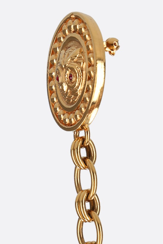 CHANEL VINTAGE WOMAN spilla in metallo con doppio medaglione e catena Moda