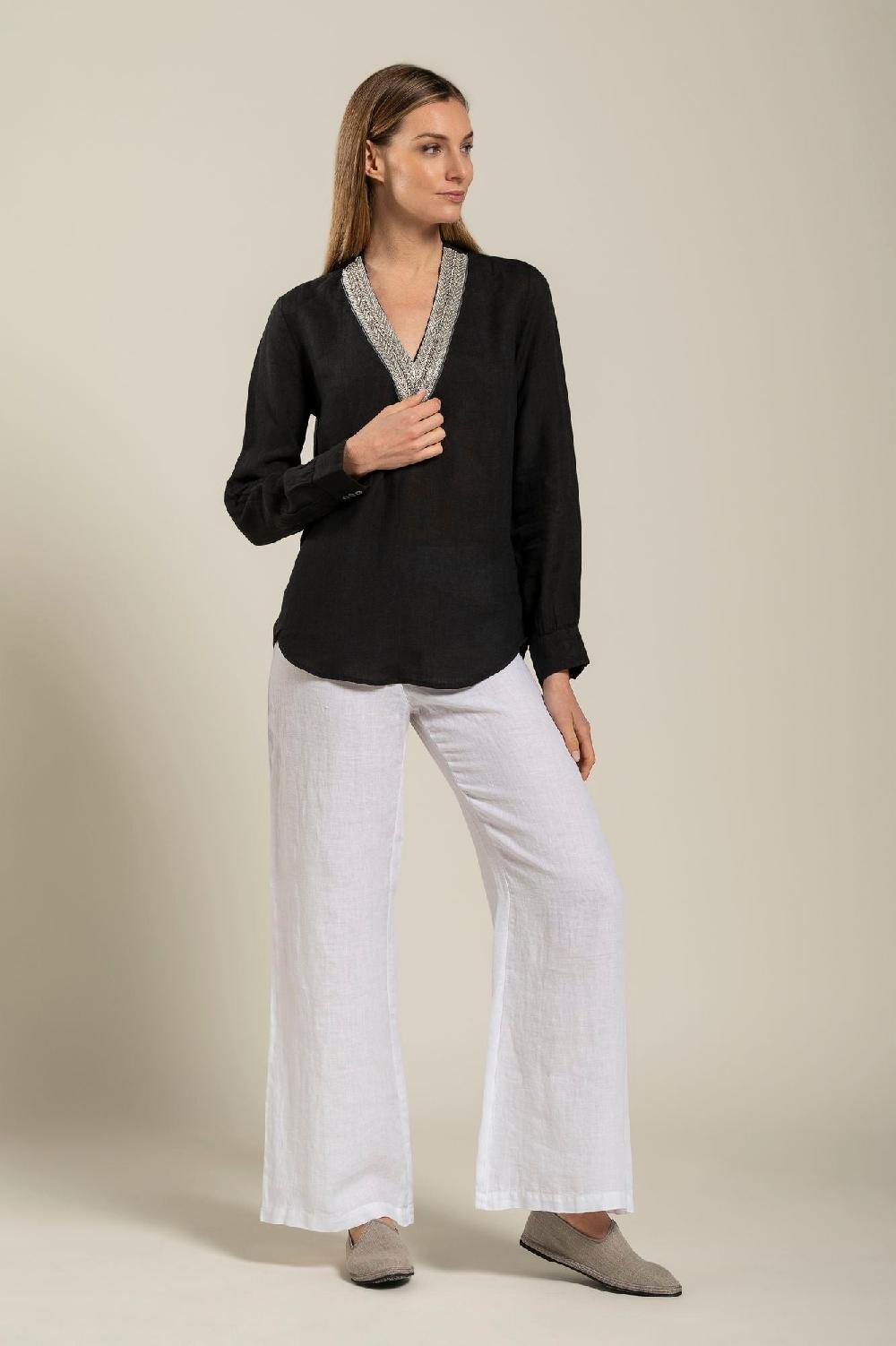 120% Lino Long Sleeve Blouse With V-Neck and Sequin Detail Online